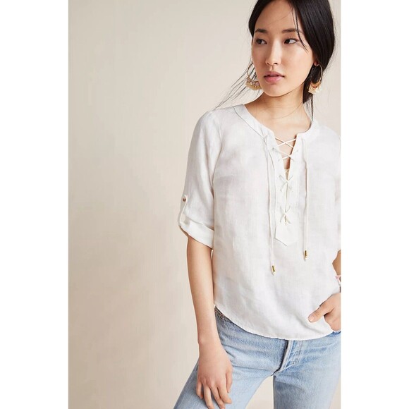 Maeve Anthropologie Women's Marva Lace-Up Linen Tunic Top White Size 0 (XS) Boho - Picture 1 of 8